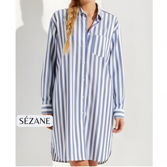 Sezane Maxine Shirt Dress Blue/White Stripe Sz Large Nautical Beachy - Picture 14 of 14